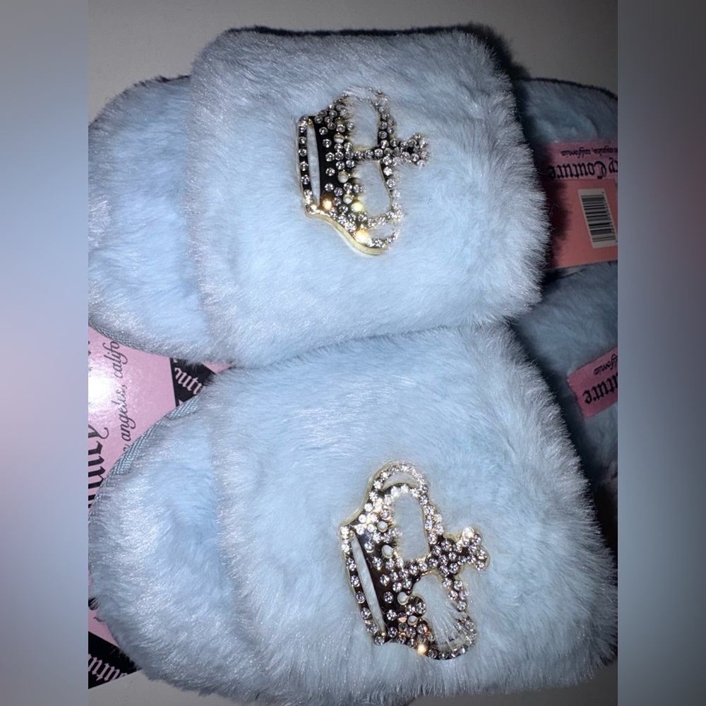 NWT Juicy Couture Slide Slippers Faux Fur Blue Silver Crown Women Size M 6.5-7.5 - Picture 8 of 9